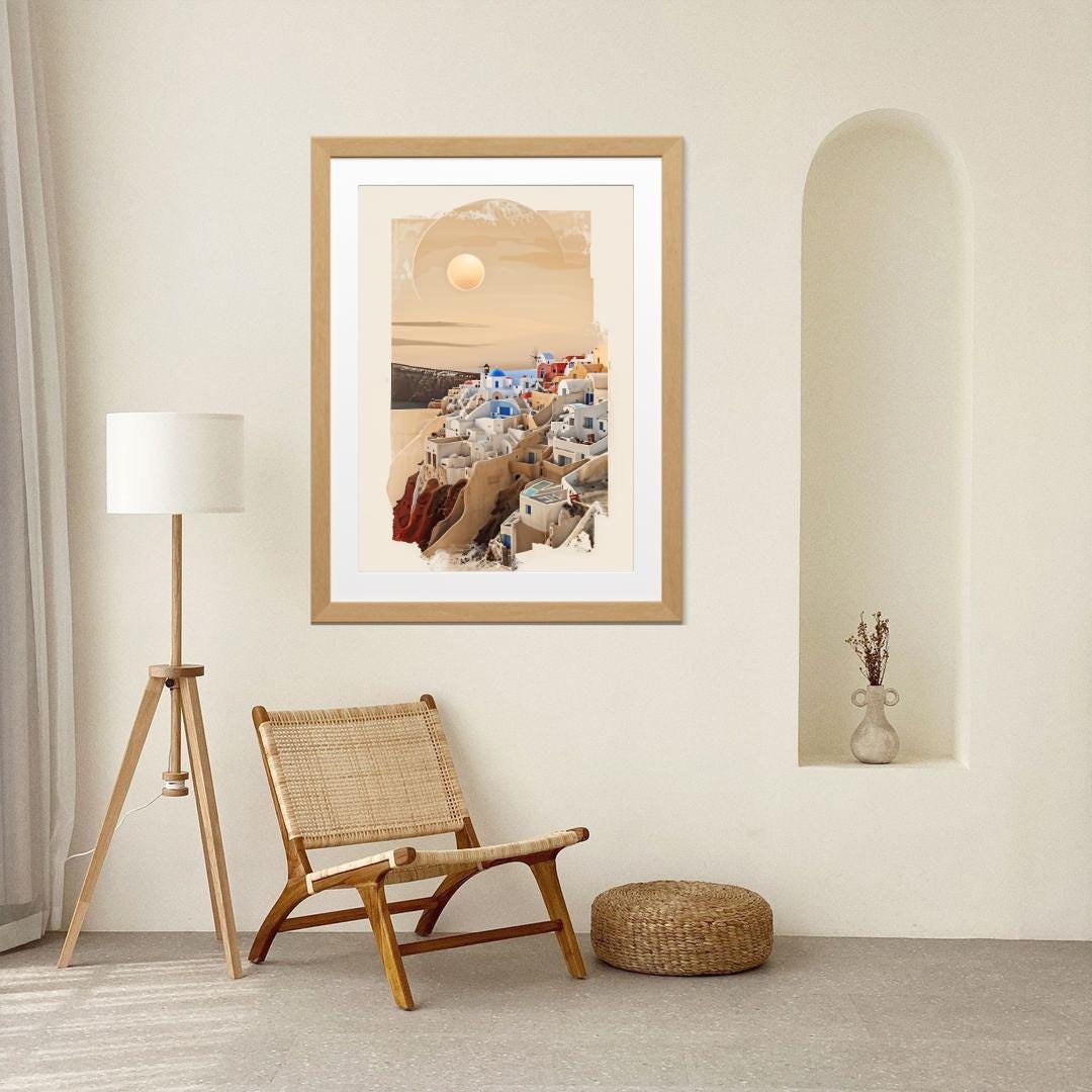 Santorini Sunset Art Print | Mediterranean Coastal Decor | Serene Greece Poster