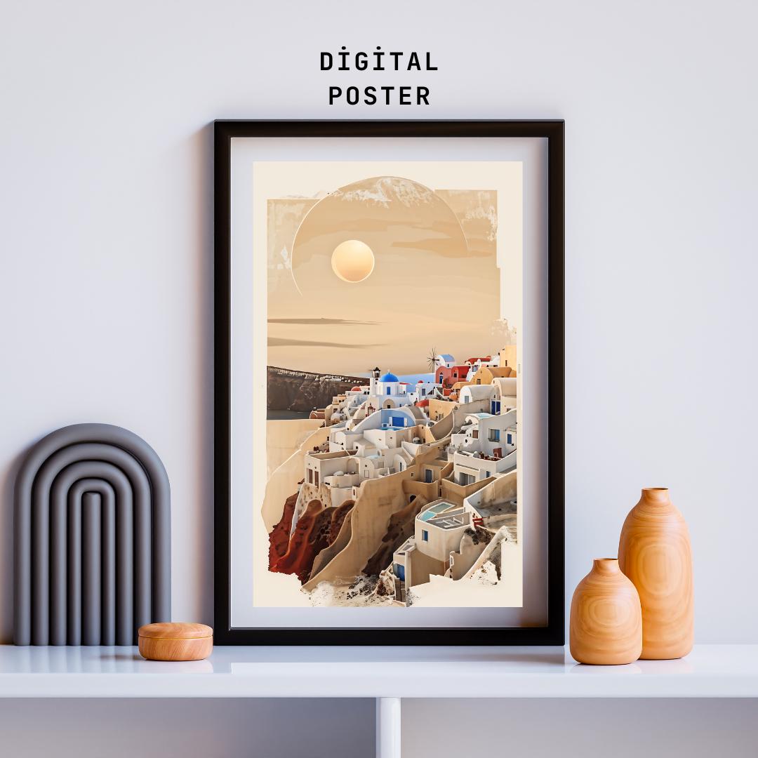 Santorini Sunset Art Print | Mediterranean Coastal Decor | Serene Greece Poster