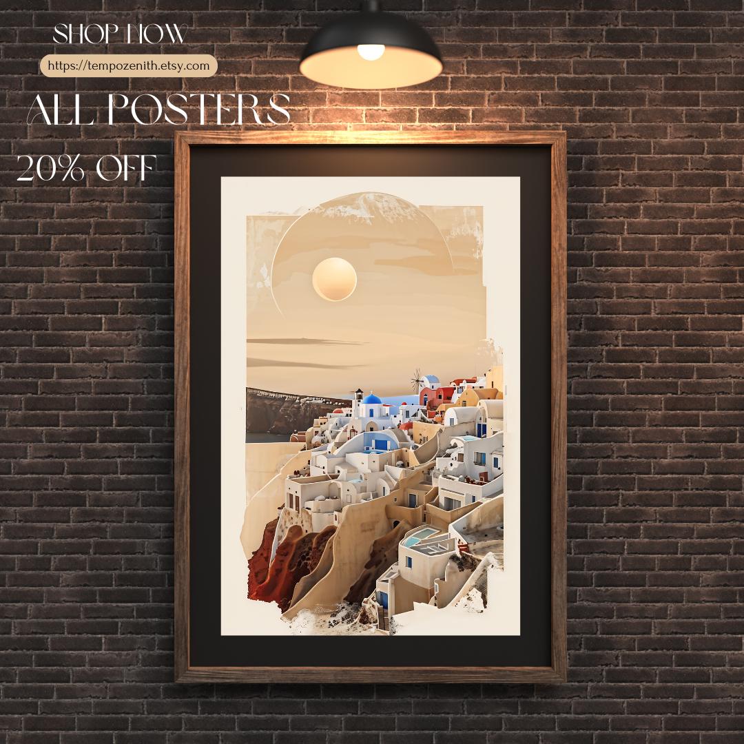 Santorini Sunset Art Print | Mediterranean Coastal Decor | Serene Greece Poster