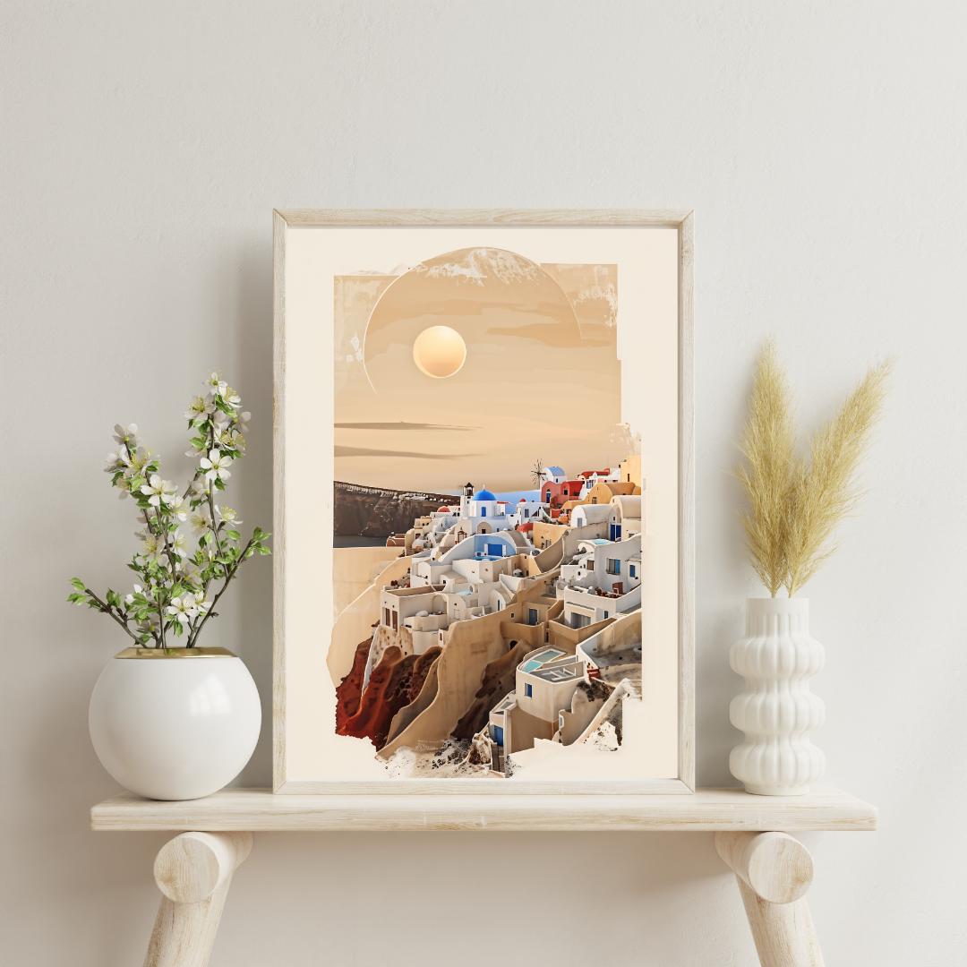 Santorini Sunset Art Print | Mediterranean Coastal Decor | Serene Greece Poster