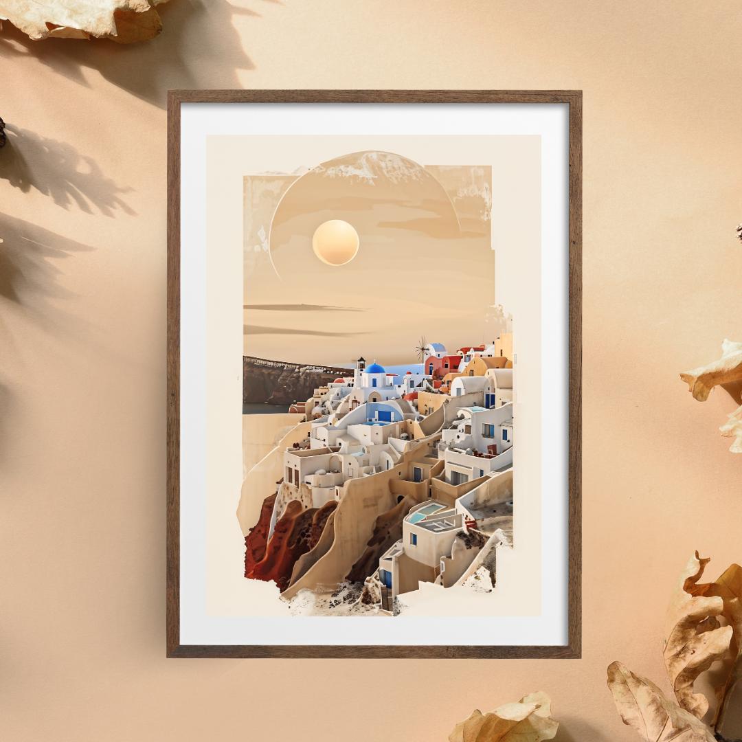 Santorini Sunset Art Print | Mediterranean Coastal Decor | Serene Greece Poster