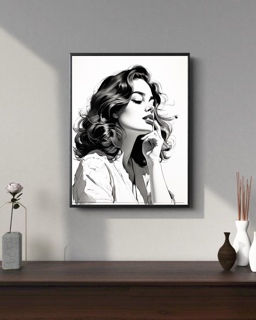 Chic Minimalist Woman Portrait | Monochrome Poster for Elegant Home Decor | Digital Art Print
