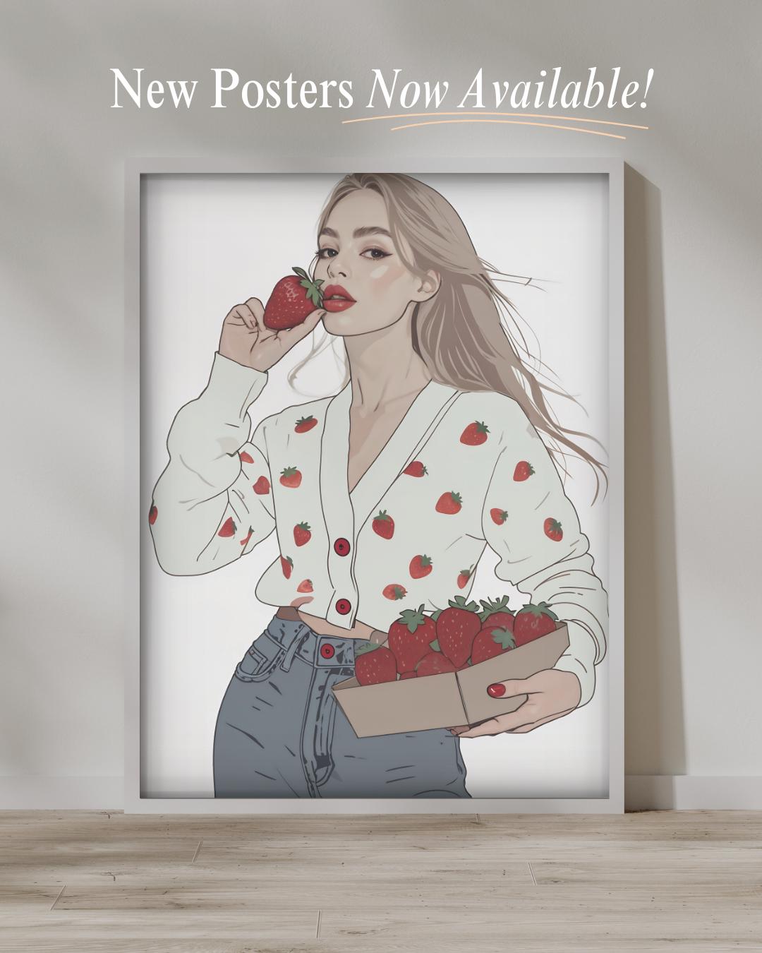 Fashionista Strawberry Girl Poster | Fashion Illustration Wall Art | Modern Aesthetic Decor | Cute Minimalist Print | Fruit Inspired Art