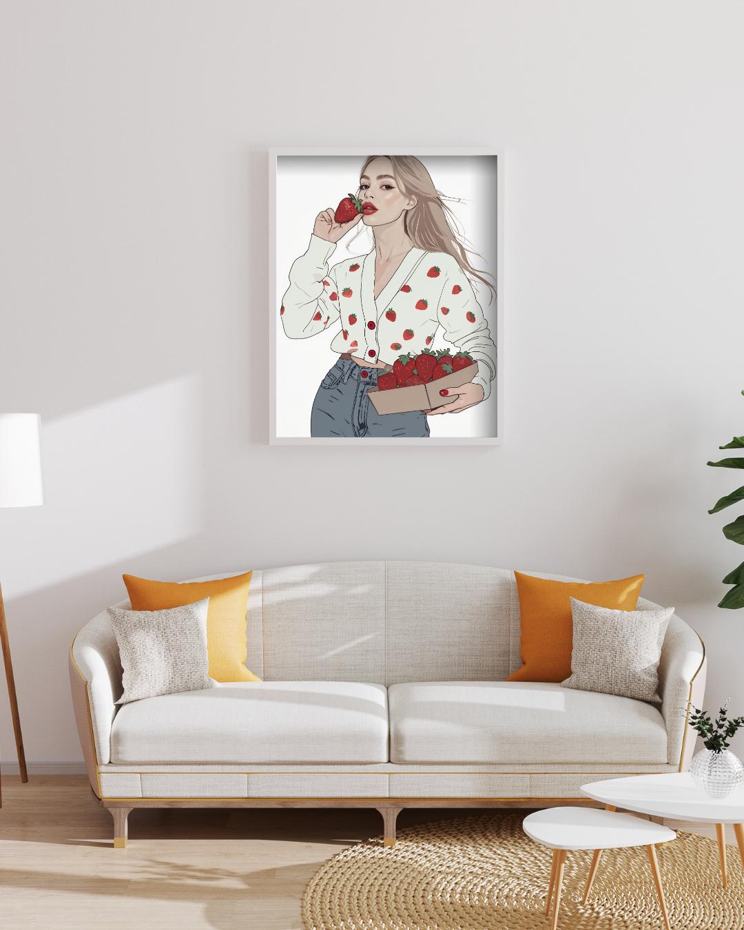 Fashionista Strawberry Girl Poster | Fashion Illustration Wall Art | Modern Aesthetic Decor | Cute Minimalist Print | Fruit Inspired Art