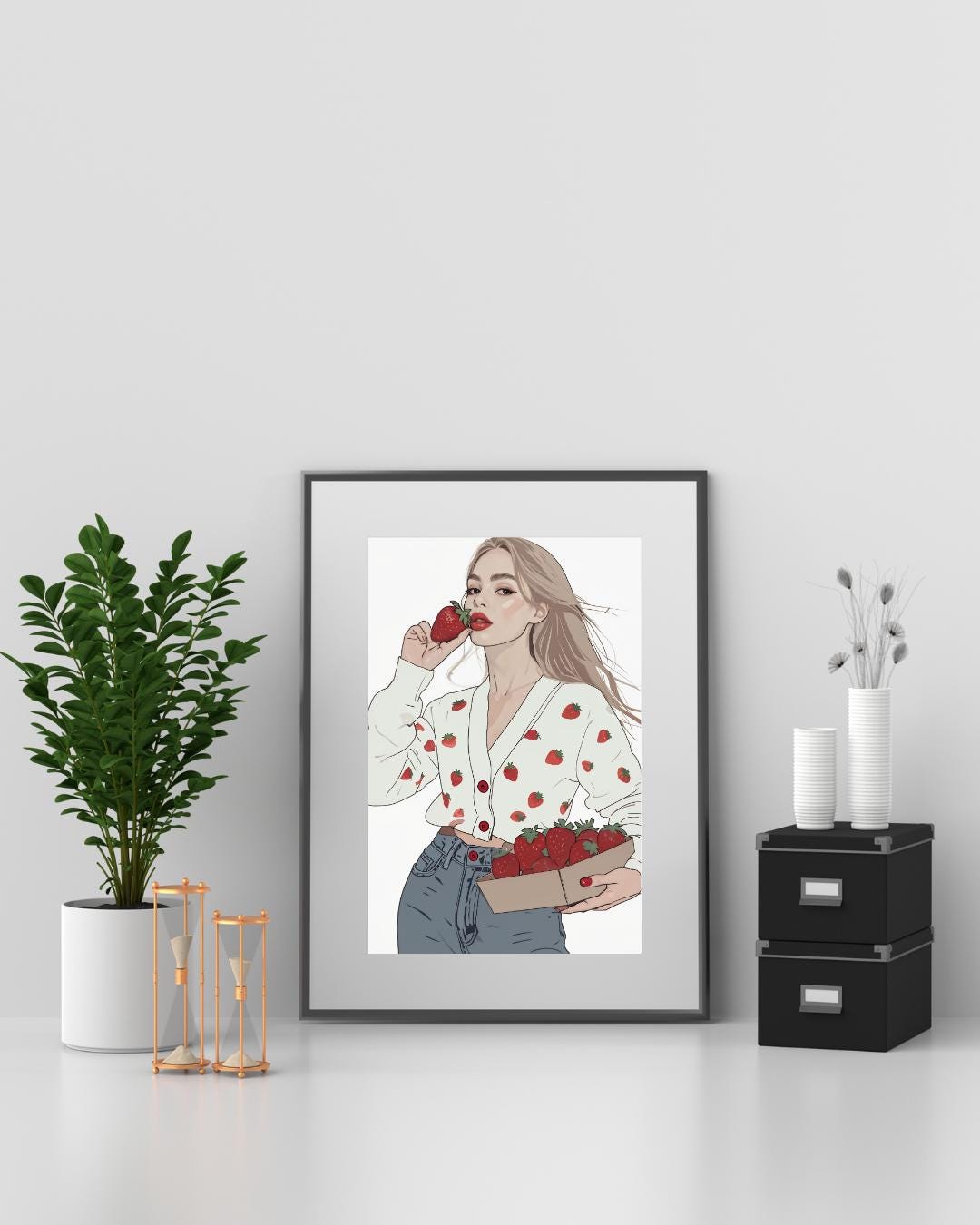 Fashionista Strawberry Girl Poster | Fashion Illustration Wall Art | Modern Aesthetic Decor | Cute Minimalist Print | Fruit Inspired Art