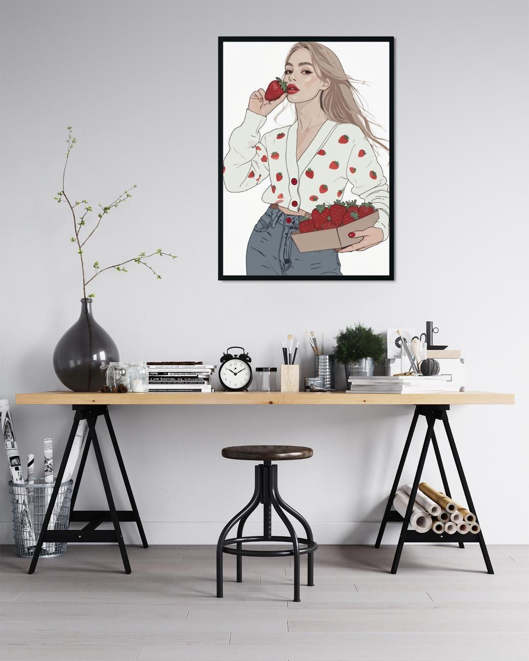 Fashionista Strawberry Girl Poster | Fashion Illustration Wall Art | Modern Aesthetic Decor | Cute Minimalist Print | Fruit Inspired Art