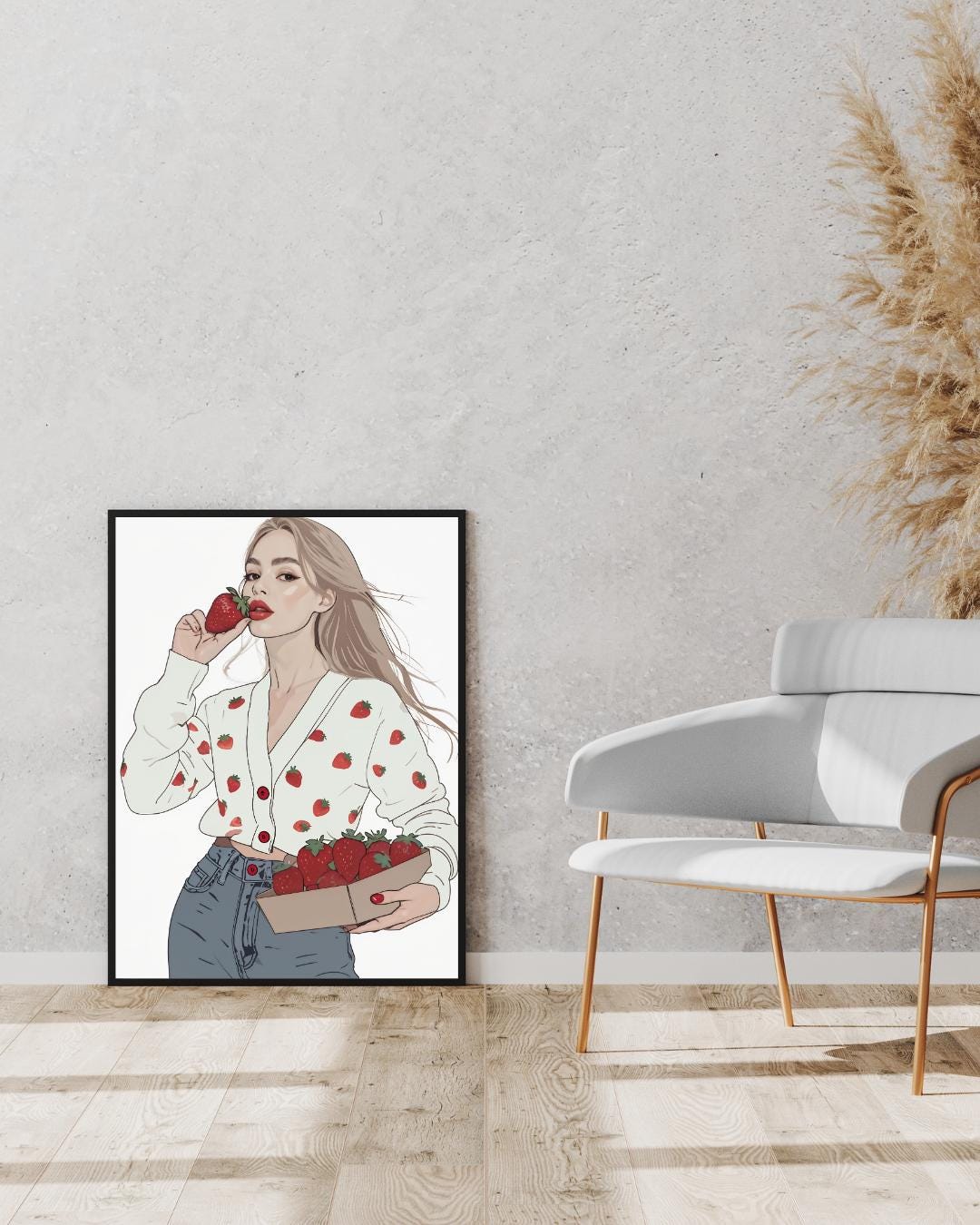 Fashionista Strawberry Girl Poster | Fashion Illustration Wall Art | Modern Aesthetic Decor | Cute Minimalist Print | Fruit Inspired Art