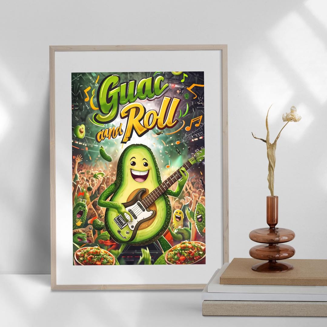 Fun Avocado Kitchen Art | Retro Food Decor | Guac and Roll Poster