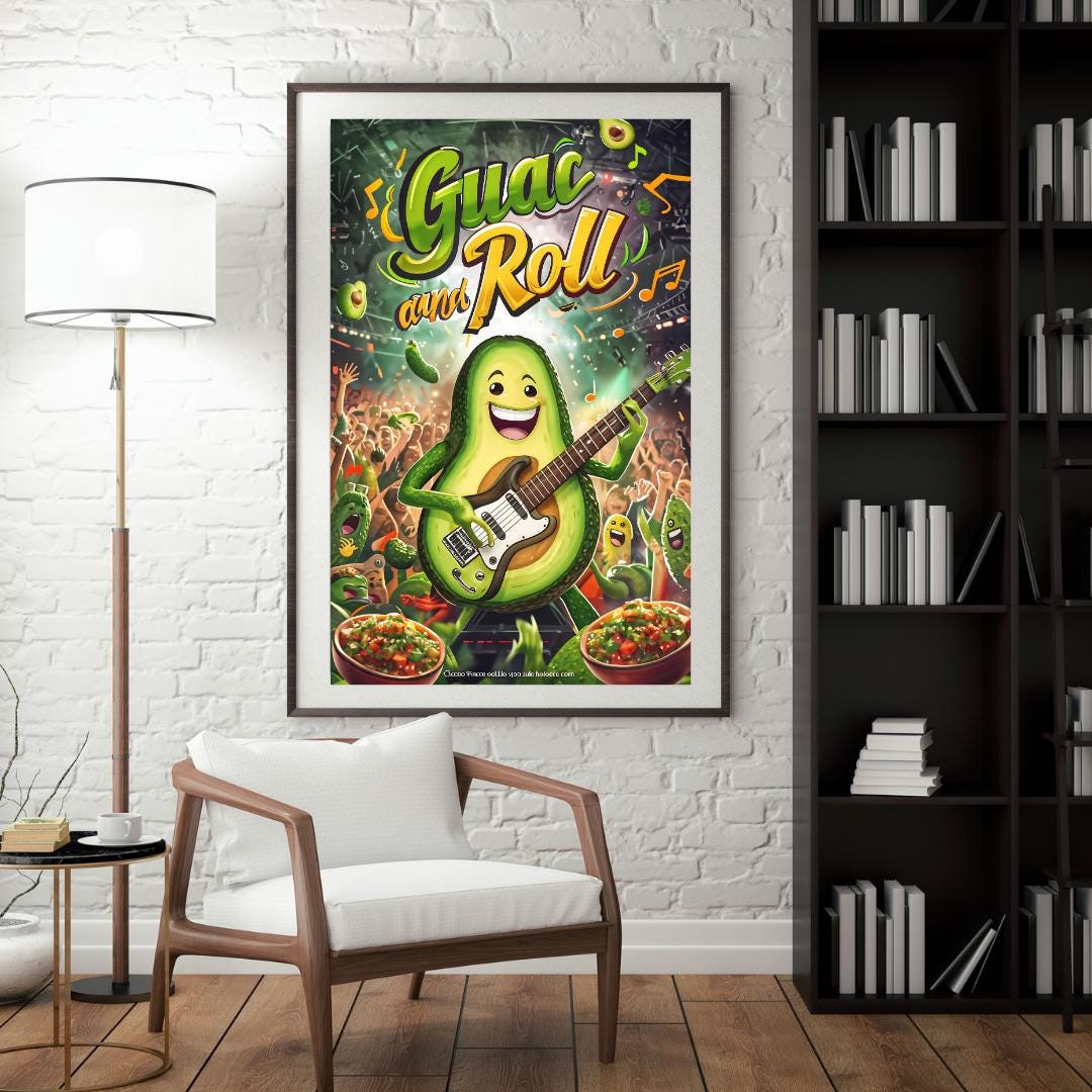 Fun Avocado Kitchen Art | Retro Food Decor | Guac and Roll Poster