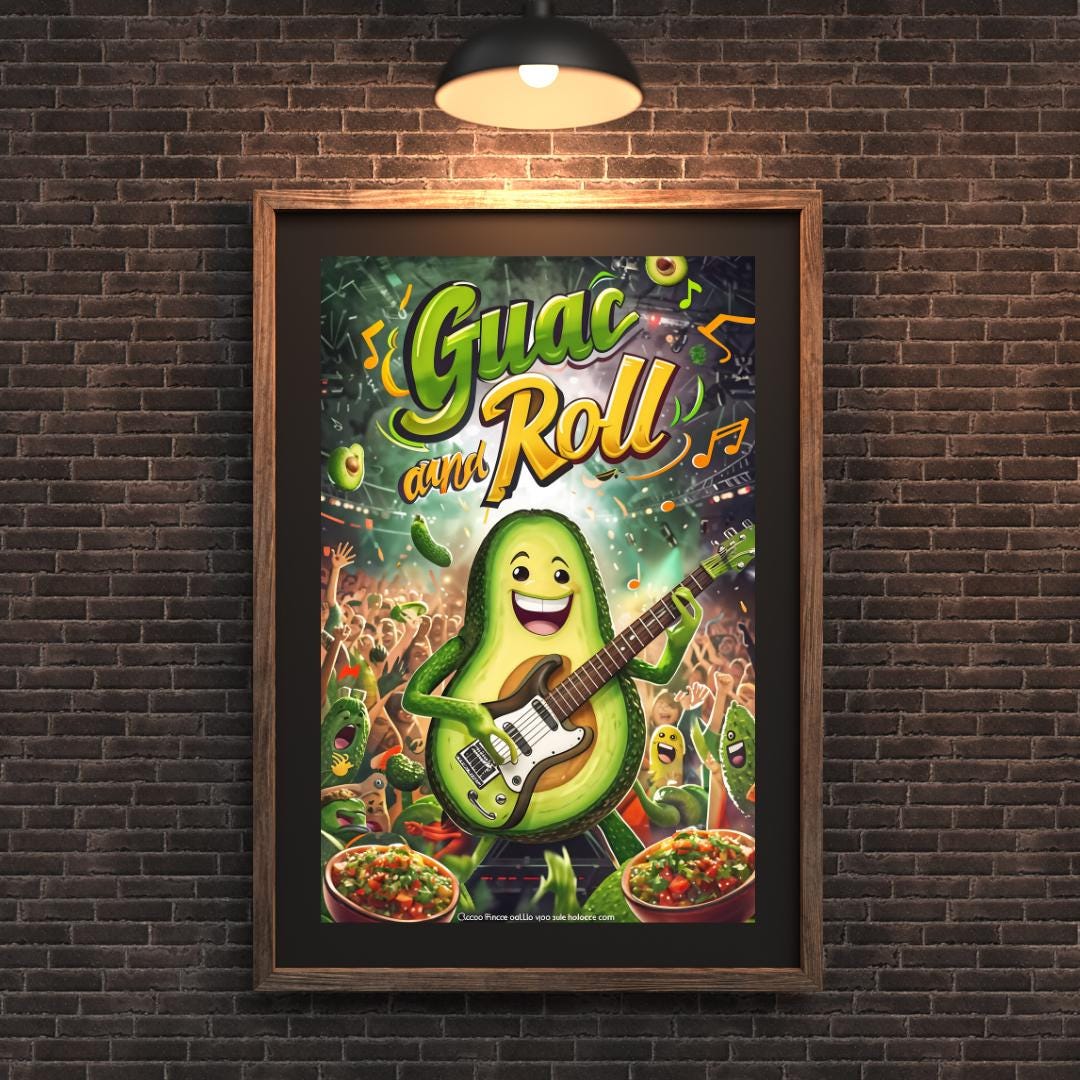 Fun Avocado Kitchen Art | Retro Food Decor | Guac and Roll Poster