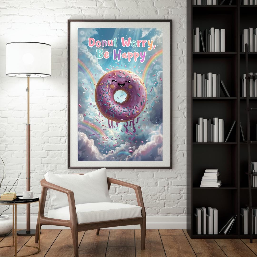 Donut Worry Be Happy Poster | Cute Motivational Art | Whimsical Digital Print