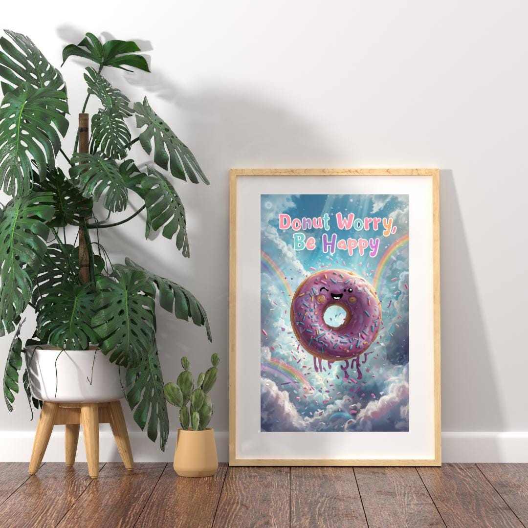 Donut Worry Be Happy Poster | Cute Motivational Art | Whimsical Digital Print