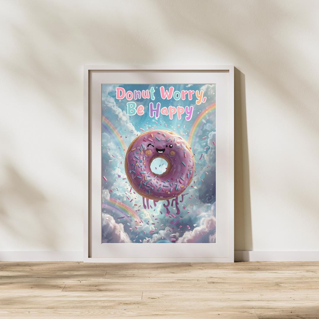 Donut Worry Be Happy Poster | Cute Motivational Art | Whimsical Digital Print