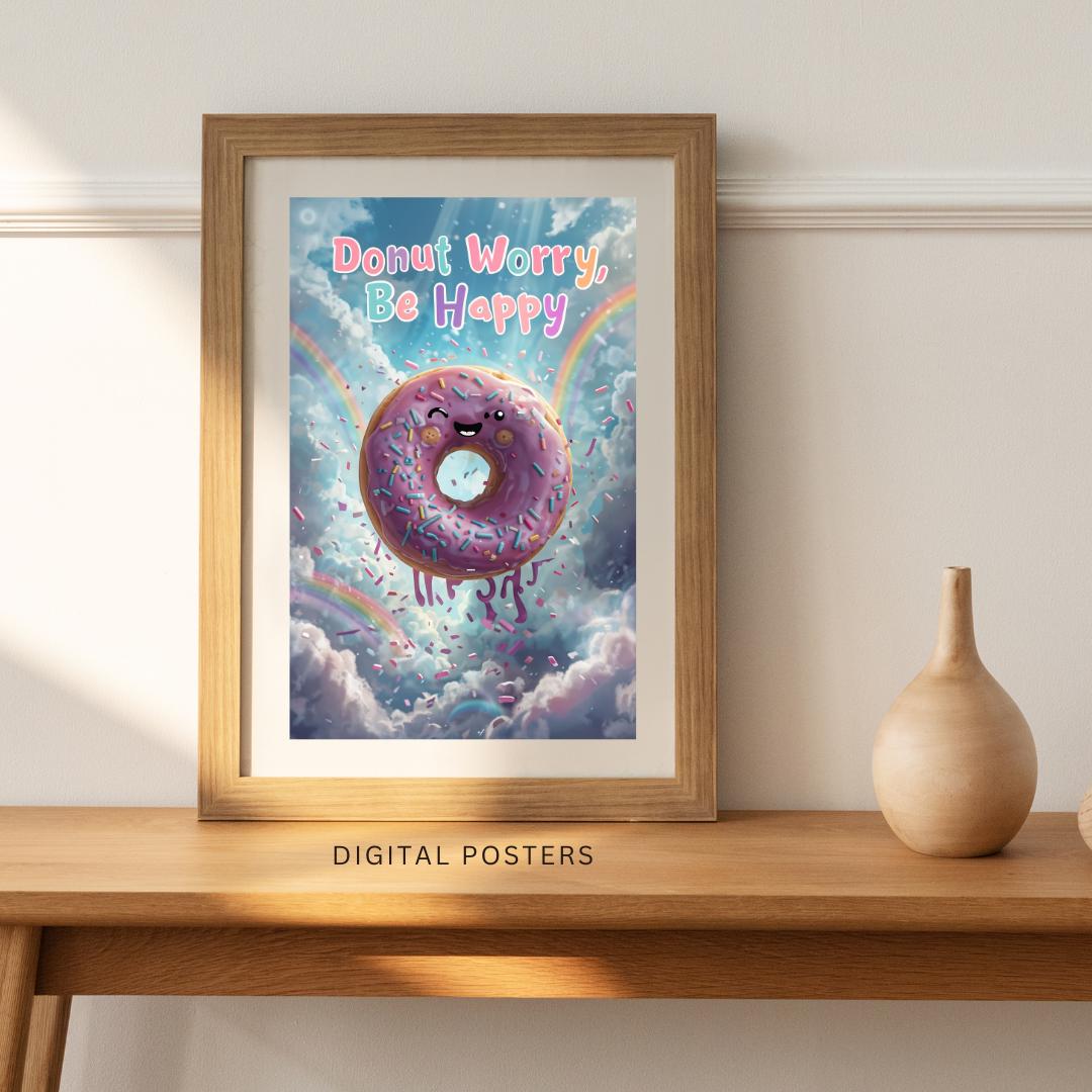 Donut Worry Be Happy Poster | Cute Motivational Art | Whimsical Digital Print