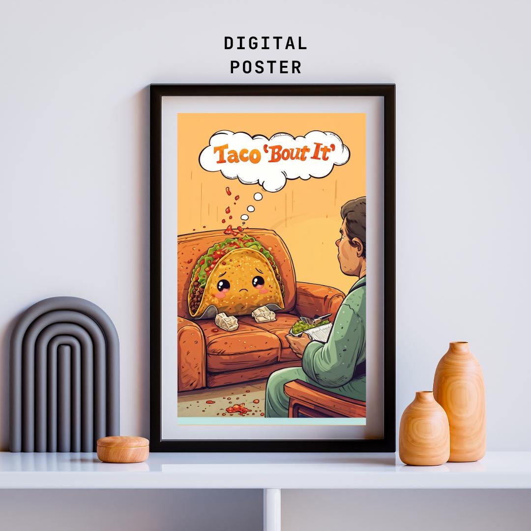 Funny Therapy Wall Art | Cute Taco Illustration | Quirky Kitchen Decor