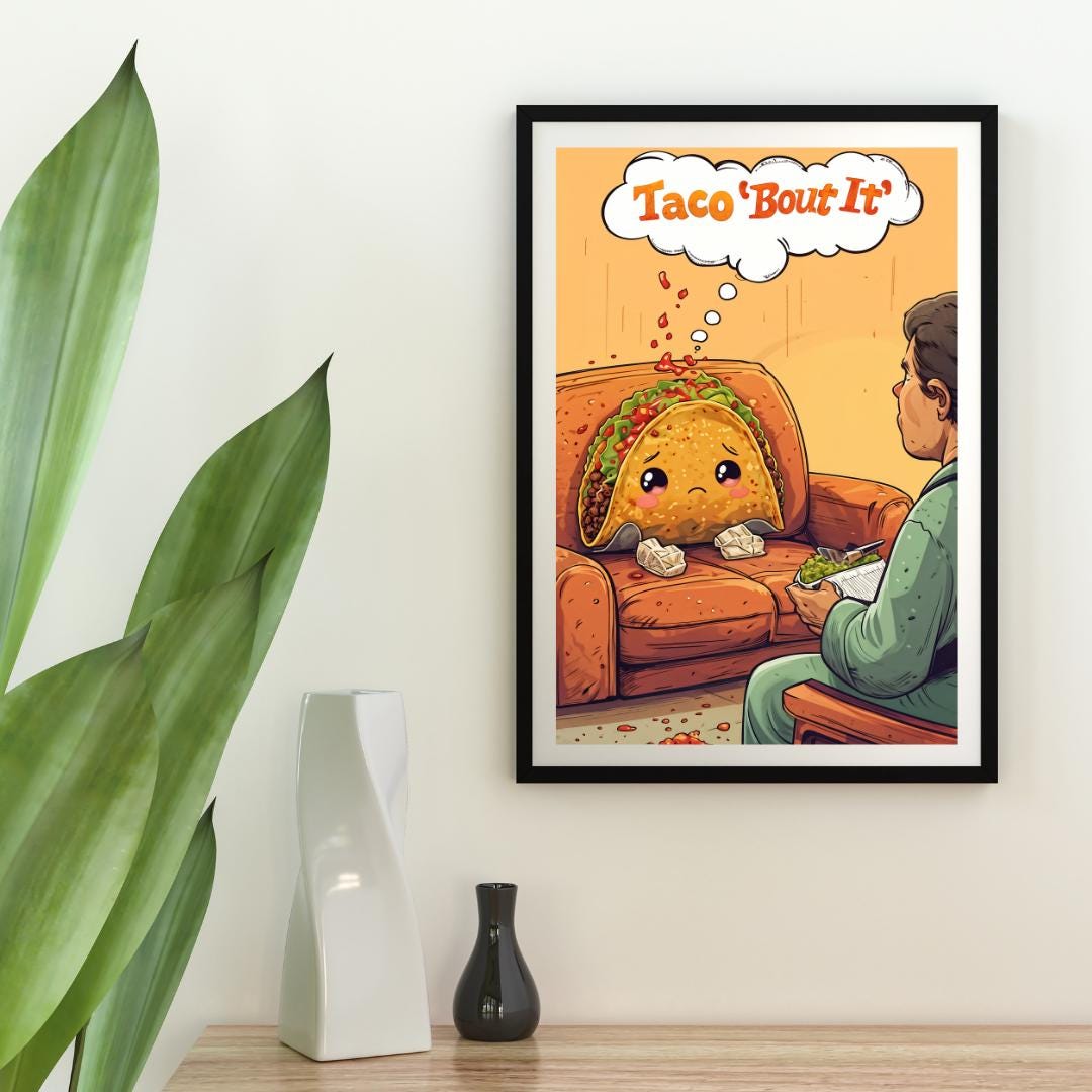 Funny Therapy Wall Art | Cute Taco Illustration | Quirky Kitchen Decor