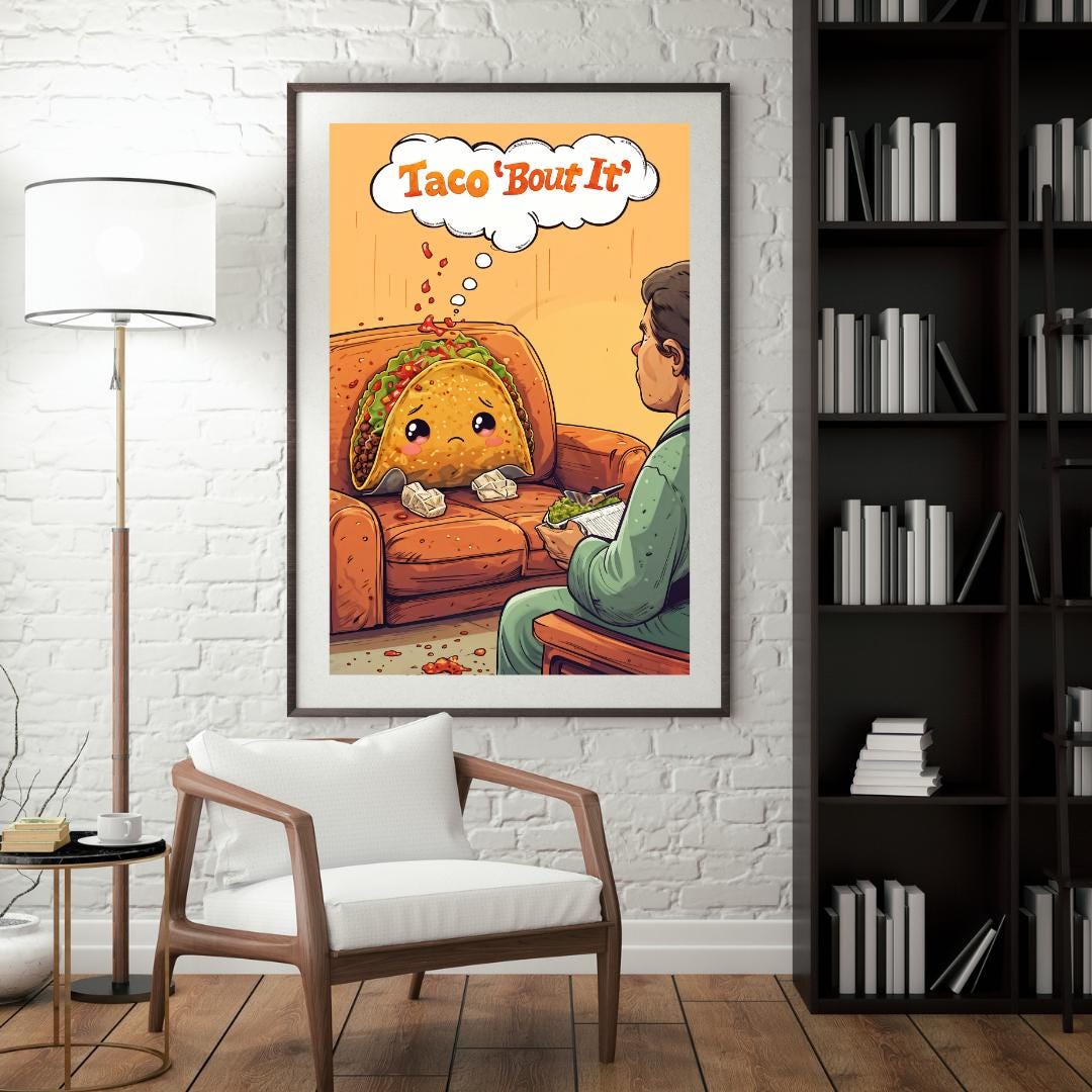 Funny Therapy Wall Art | Cute Taco Illustration | Quirky Kitchen Decor