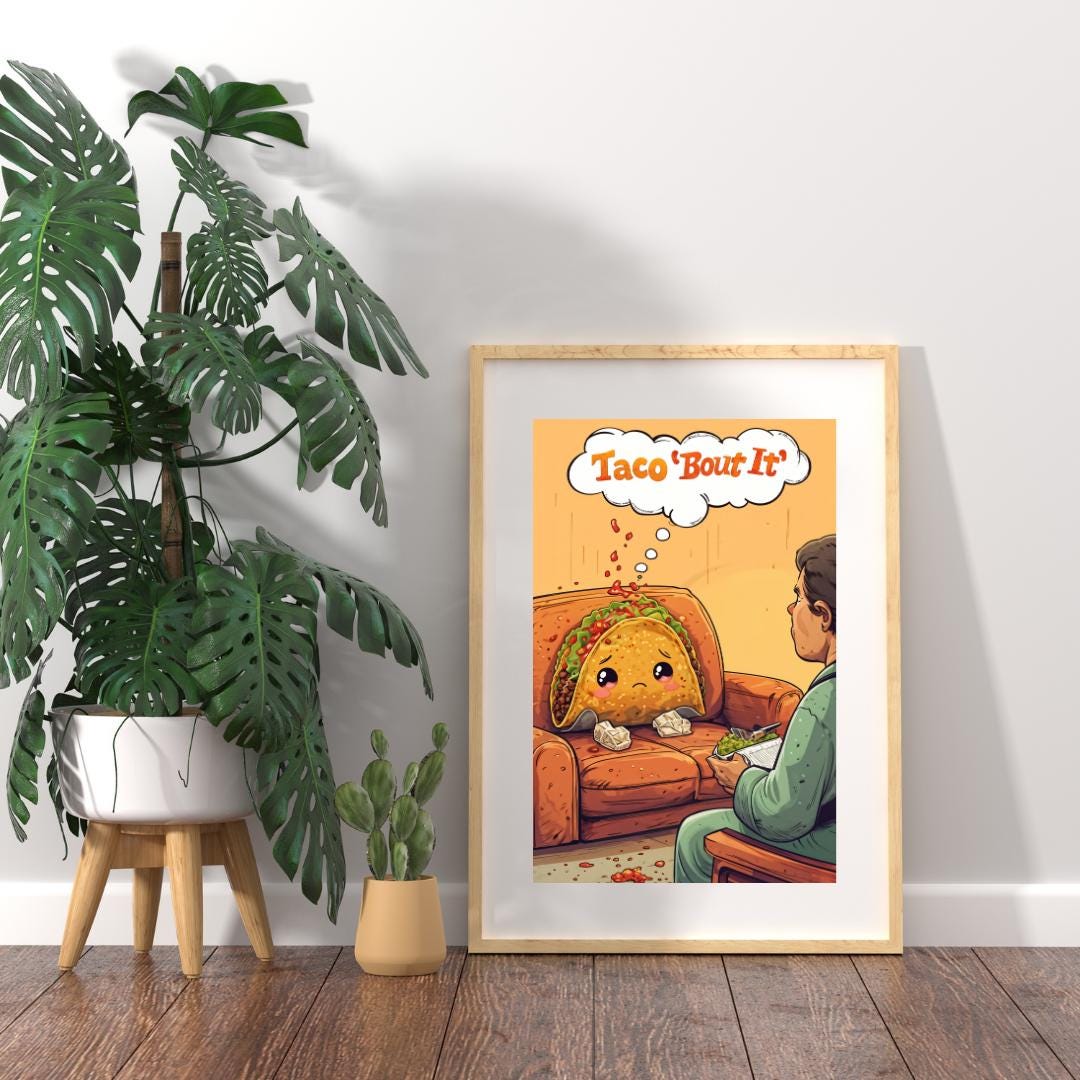 Funny Therapy Wall Art | Cute Taco Illustration | Quirky Kitchen Decor