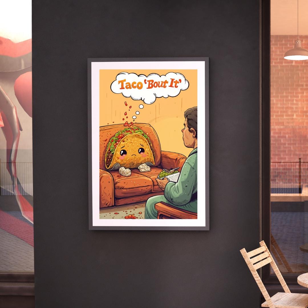 Funny Therapy Wall Art | Cute Taco Illustration | Quirky Kitchen Decor