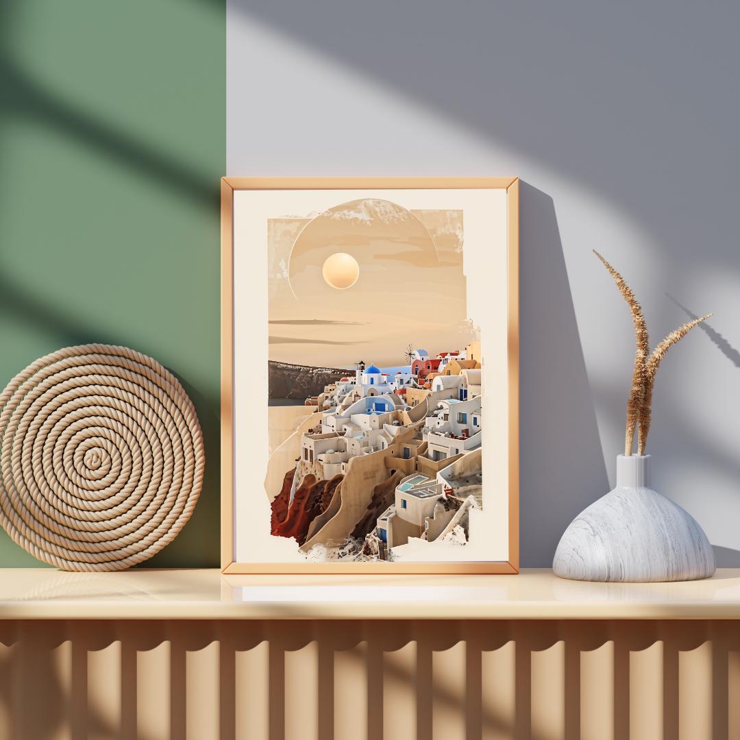 Santorini Sunset Art Print | Mediterranean Coastal Decor | Serene Greece Poster