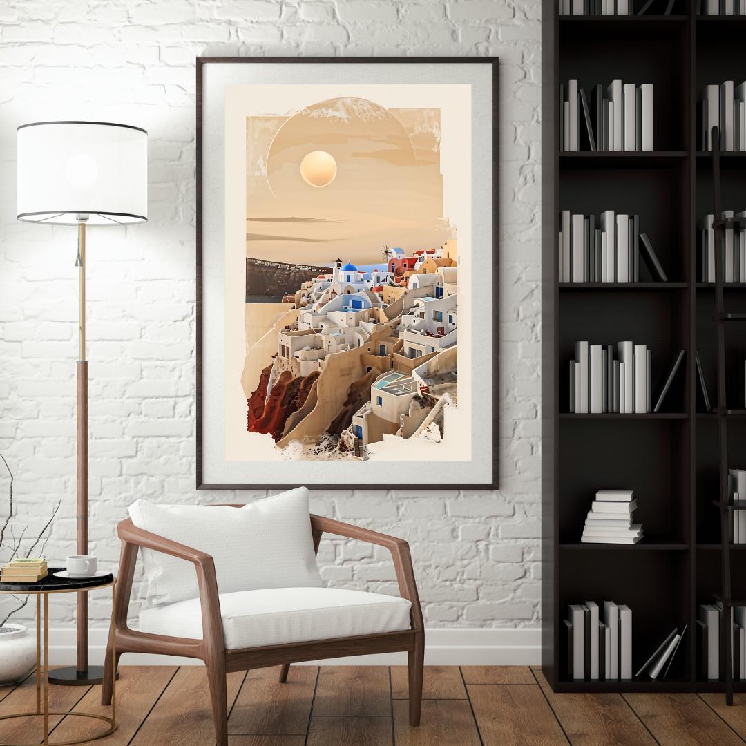 Santorini Sunset Art Print | Mediterranean Coastal Decor | Serene Greece Poster