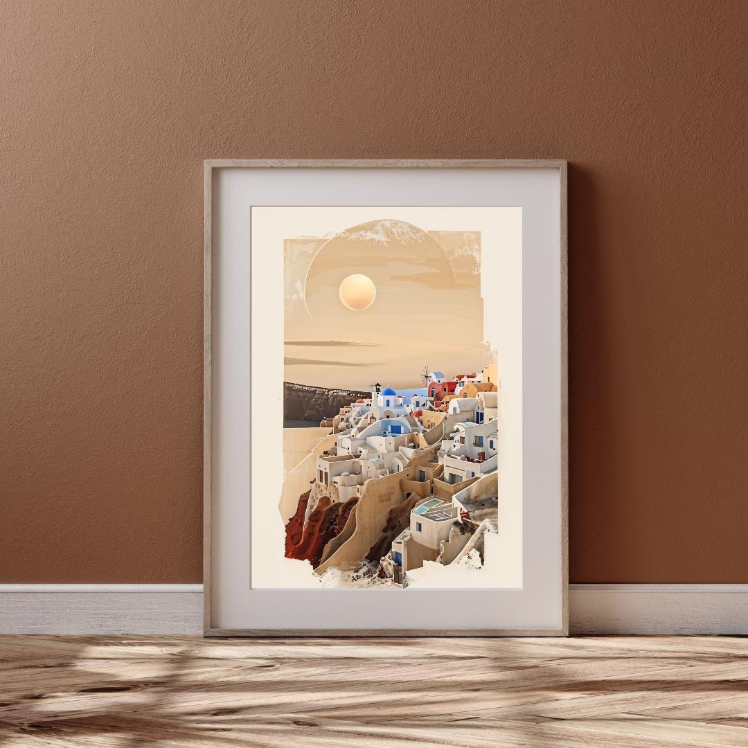 Santorini Sunset Art Print | Mediterranean Coastal Decor | Serene Greece Poster