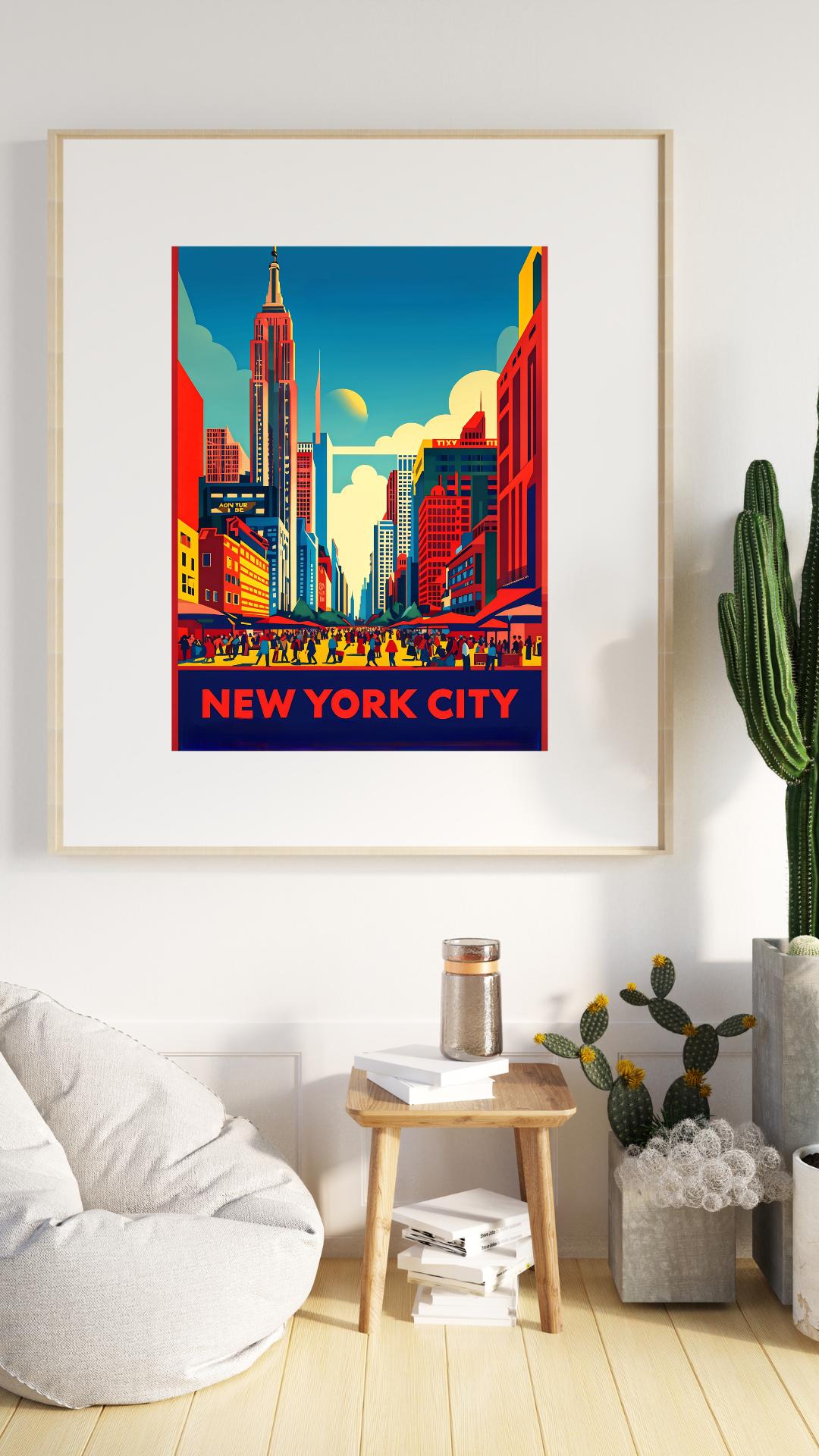 Vibrant New York City skyline poster displayed in a modern living room, highlighting the urban cityscape in retro colors.