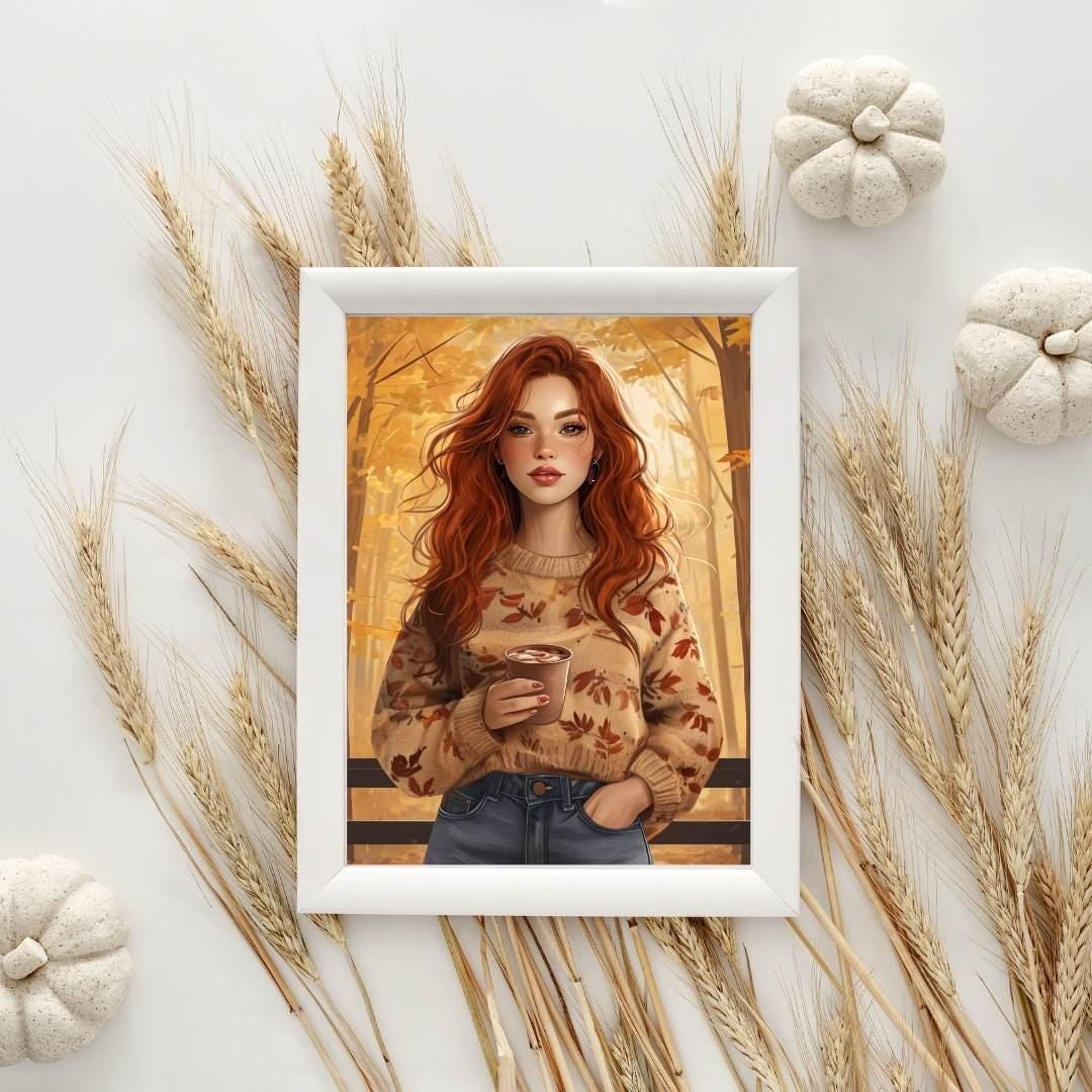 Autumn Fashion Portrait | Redhead Woman Fall Aesthetic | Cozy Printable Wall Art
