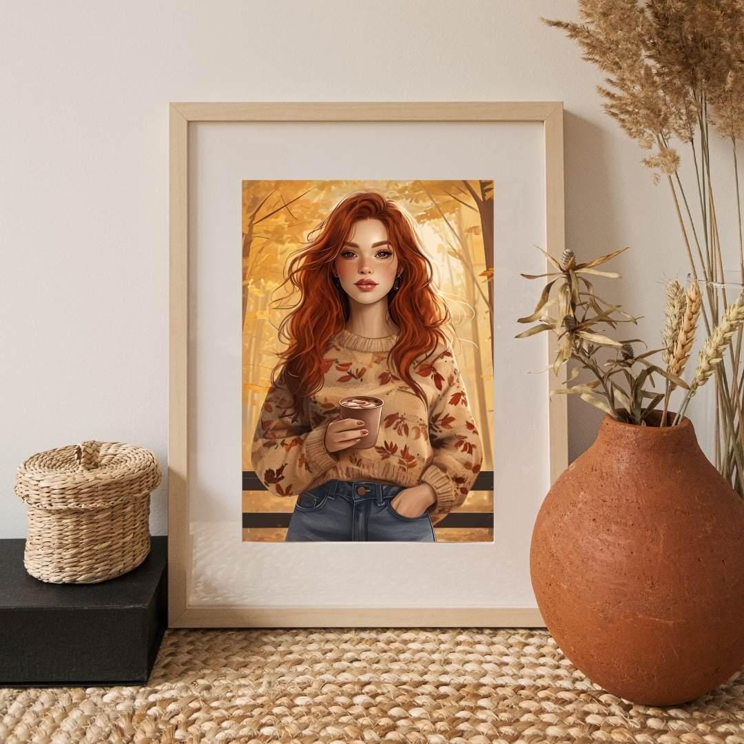 Autumn Fashion Portrait | Redhead Woman Fall Aesthetic | Cozy Printable Wall Art