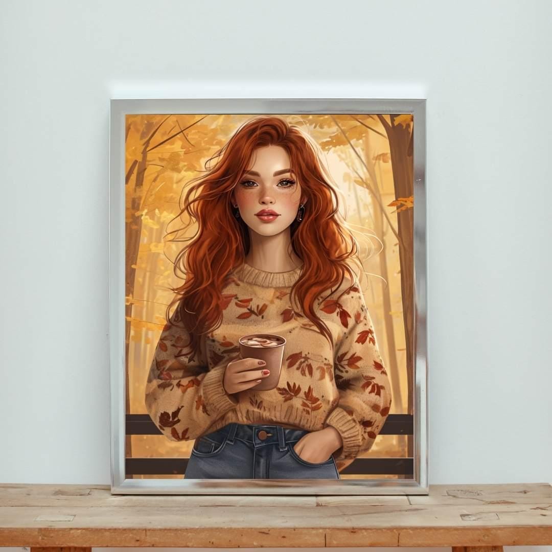 Autumn Fashion Portrait | Redhead Woman Fall Aesthetic | Cozy Printable Wall Art