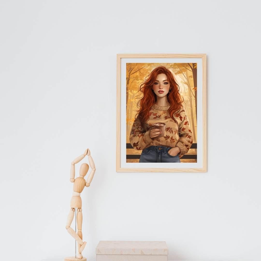 Autumn Fashion Portrait | Redhead Woman Fall Aesthetic | Cozy Printable Wall Art