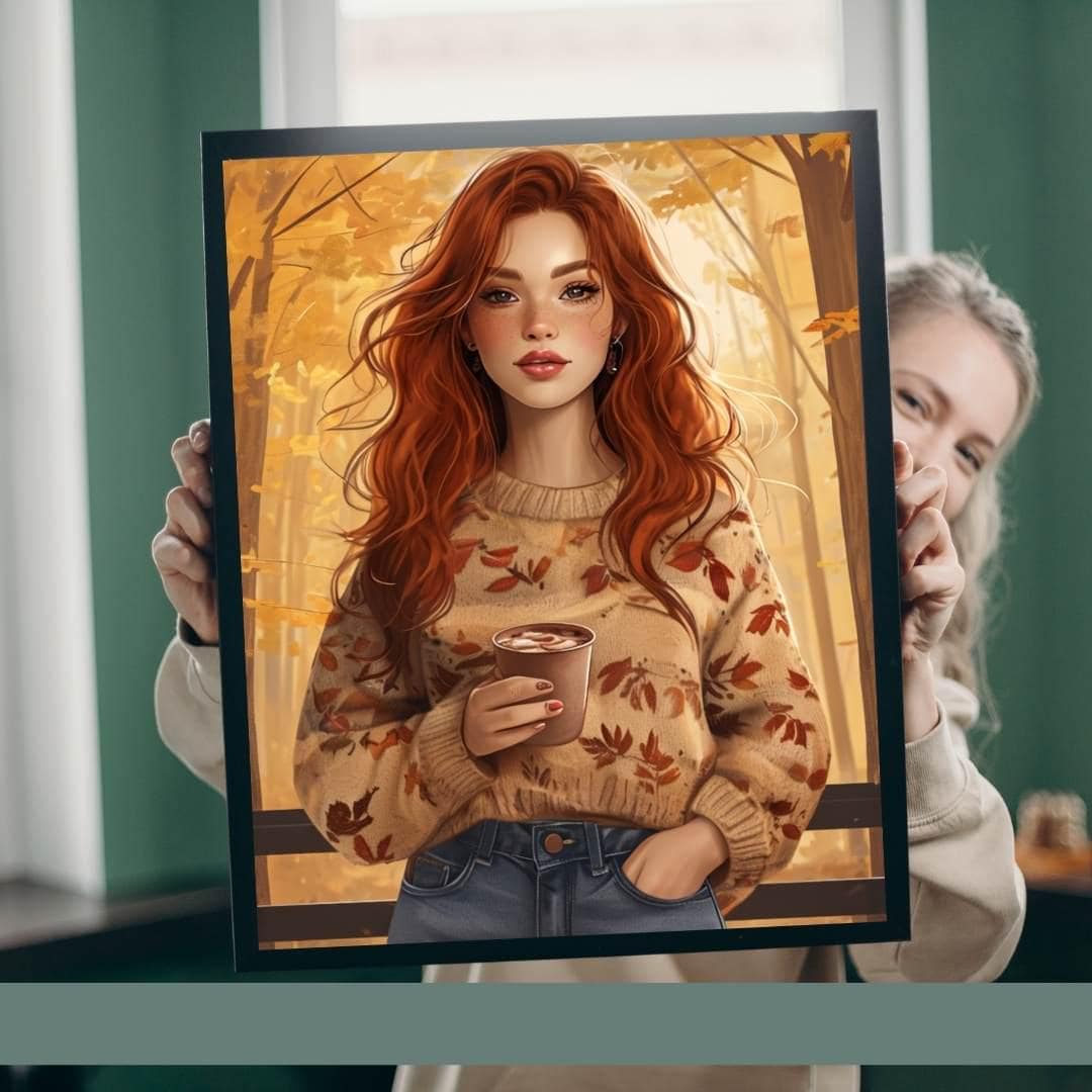 Autumn Fashion Portrait | Redhead Woman Fall Aesthetic | Cozy Printable Wall Art