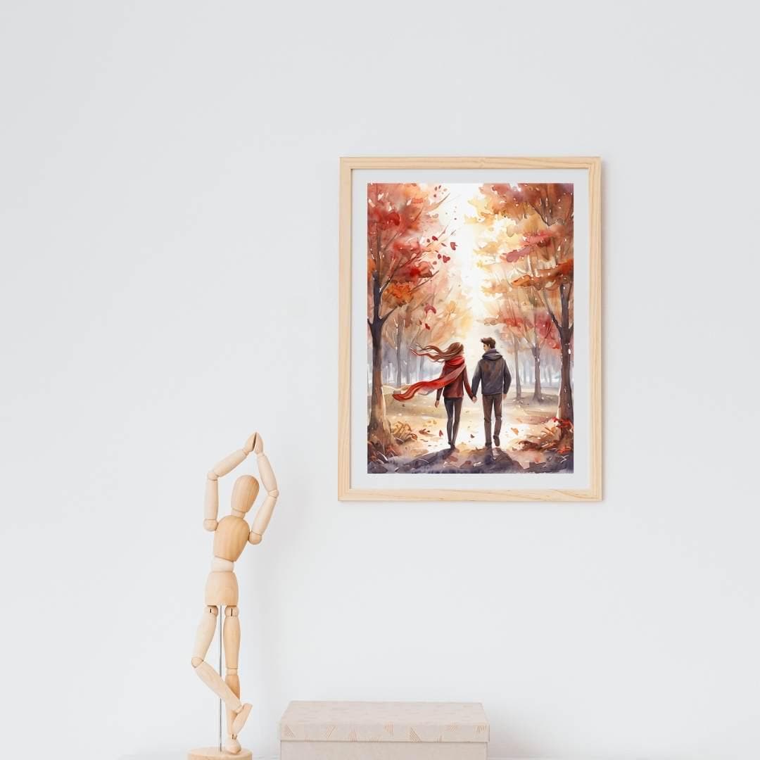 Autumn Couple Walk Print | Romantic Fall Watercolor Art | Cozy Home Decor