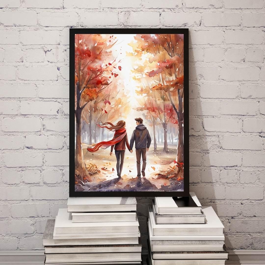 Autumn Couple Walk Print | Romantic Fall Watercolor Art | Cozy Home Decor