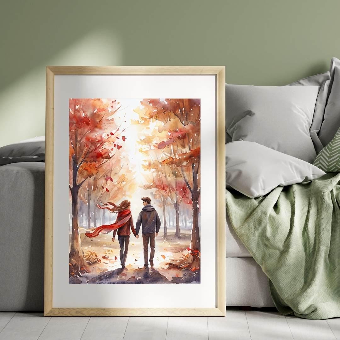 Autumn Couple Walk Print | Romantic Fall Watercolor Art | Cozy Home Decor