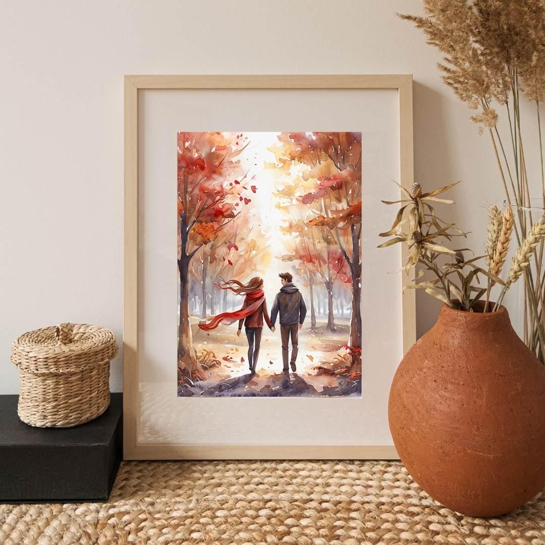Autumn Couple Walk Print | Romantic Fall Watercolor Art | Cozy Home Decor