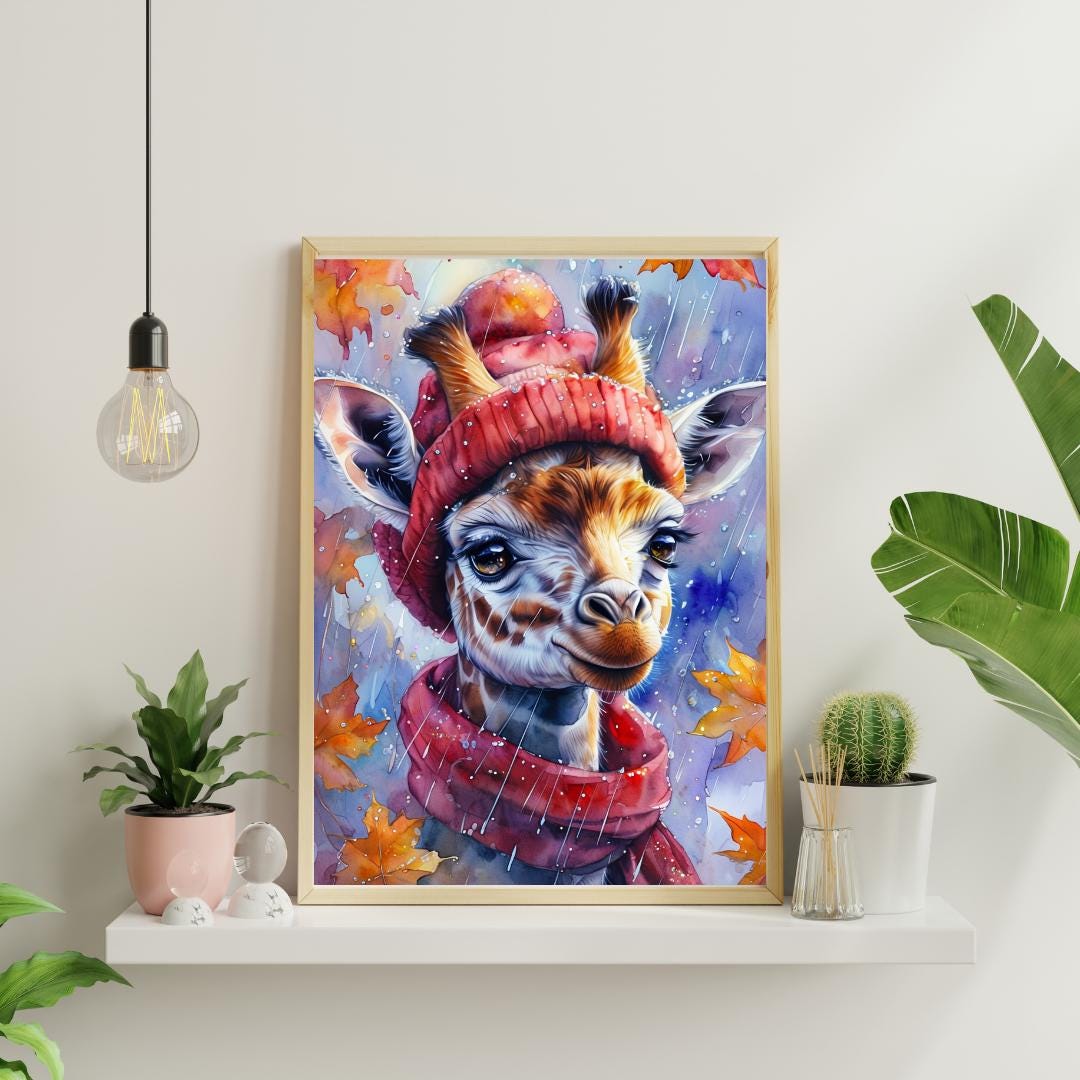 Whimsical Giraffe Art Print | Cozy Autumn Animal Decor | Digital Download for Kids Room