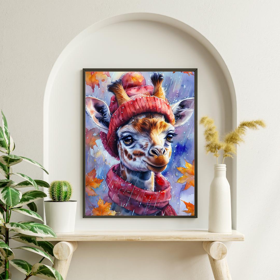 Whimsical Giraffe Art Print | Cozy Autumn Animal Decor | Digital Download for Kids Room