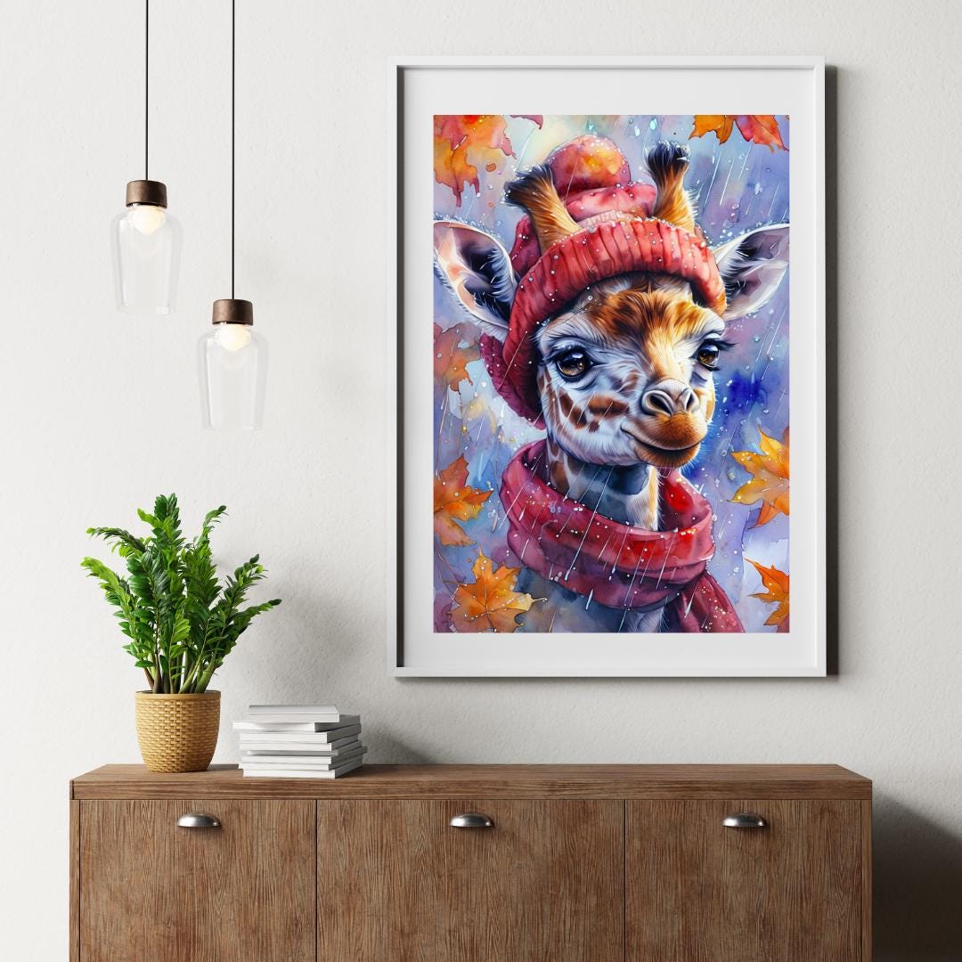 Whimsical Giraffe Art Print | Cozy Autumn Animal Decor | Digital Download for Kids Room