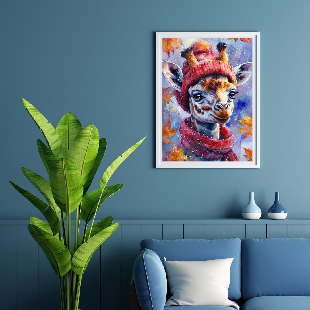 Whimsical Giraffe Art Print | Cozy Autumn Animal Decor | Digital Download for Kids Room