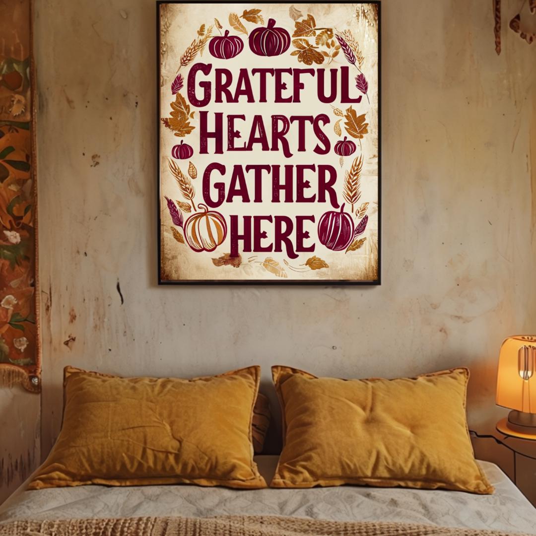 Grateful Hearts Gather Here poster displayed in a cozy, rustic art studio with a brick wall background, capturing the autumn vibe with warm colors and a festive theme.