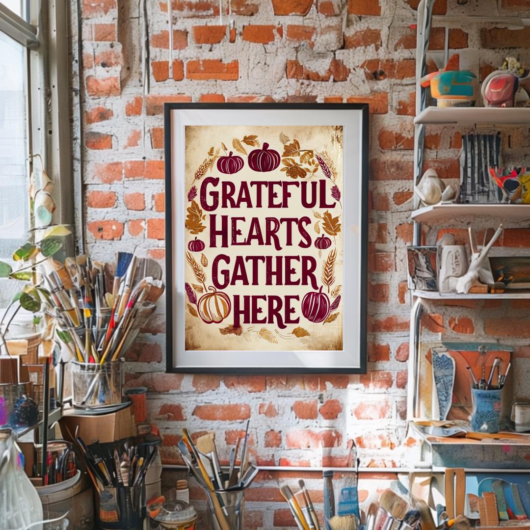 Grateful Hearts Gather Here poster displayed in a cozy, rustic art studio with a brick wall background, capturing the autumn vibe with warm colors and a festive theme.