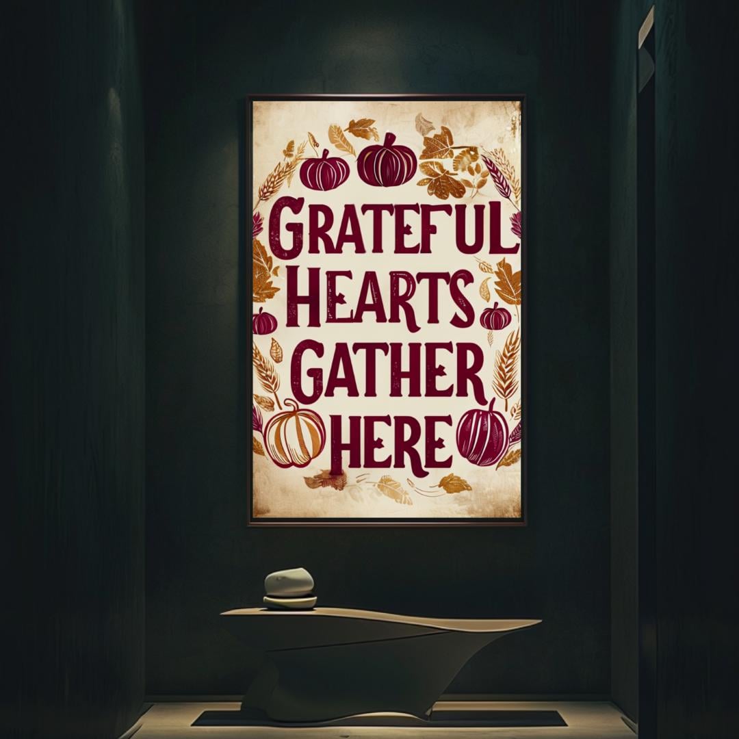 Grateful Hearts Gather Here poster displayed in a cozy, rustic art studio with a brick wall background, capturing the autumn vibe with warm colors and a festive theme.