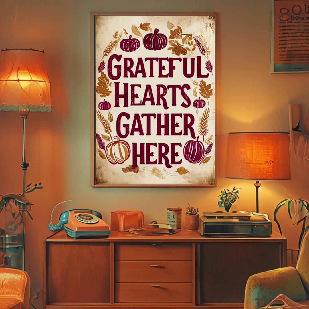 Grateful Hearts Gather Here poster displayed in a cozy, rustic art studio with a brick wall background, capturing the autumn vibe with warm colors and a festive theme.