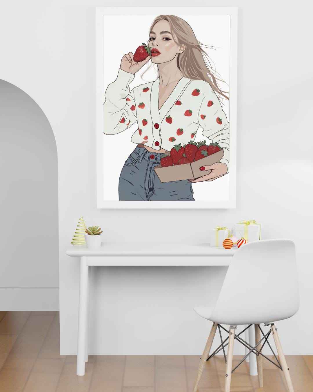Fashionista Strawberry Girl Poster | Fashion Illustration Wall Art | Modern Aesthetic Decor | Cute Minimalist Print | Fruit Inspired Art