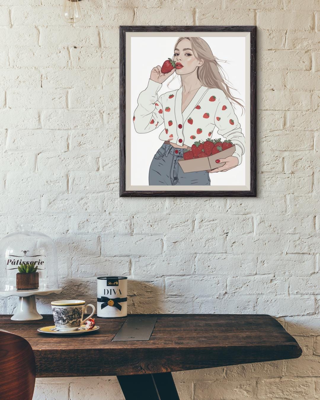 Fashionista Strawberry Girl Poster | Fashion Illustration Wall Art | Modern Aesthetic Decor | Cute Minimalist Print | Fruit Inspired Art