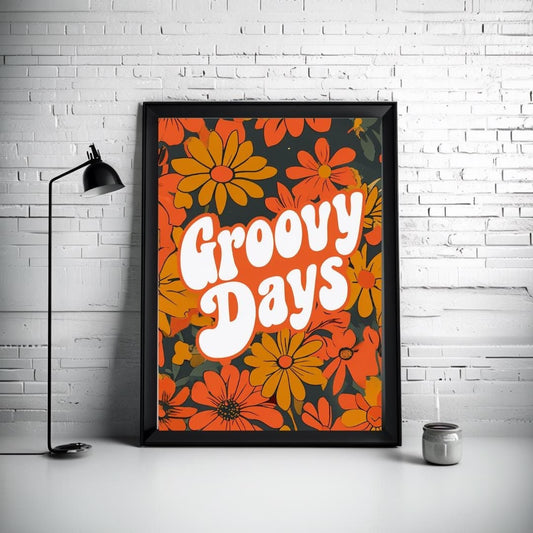 Groovy Days retro wall poster displayed in different rooms, including a cozy living room with warm lighting, boho-inspired decor, and vintage accents.