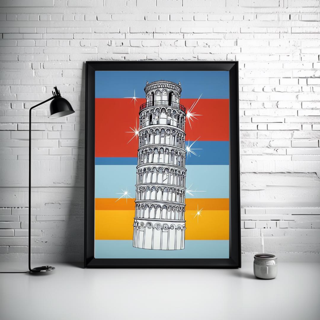 Poster of the Leaning Tower of Pisa with colorful retro background, displayed in a minimalist room setting to evoke Italian travel and architectural charm.