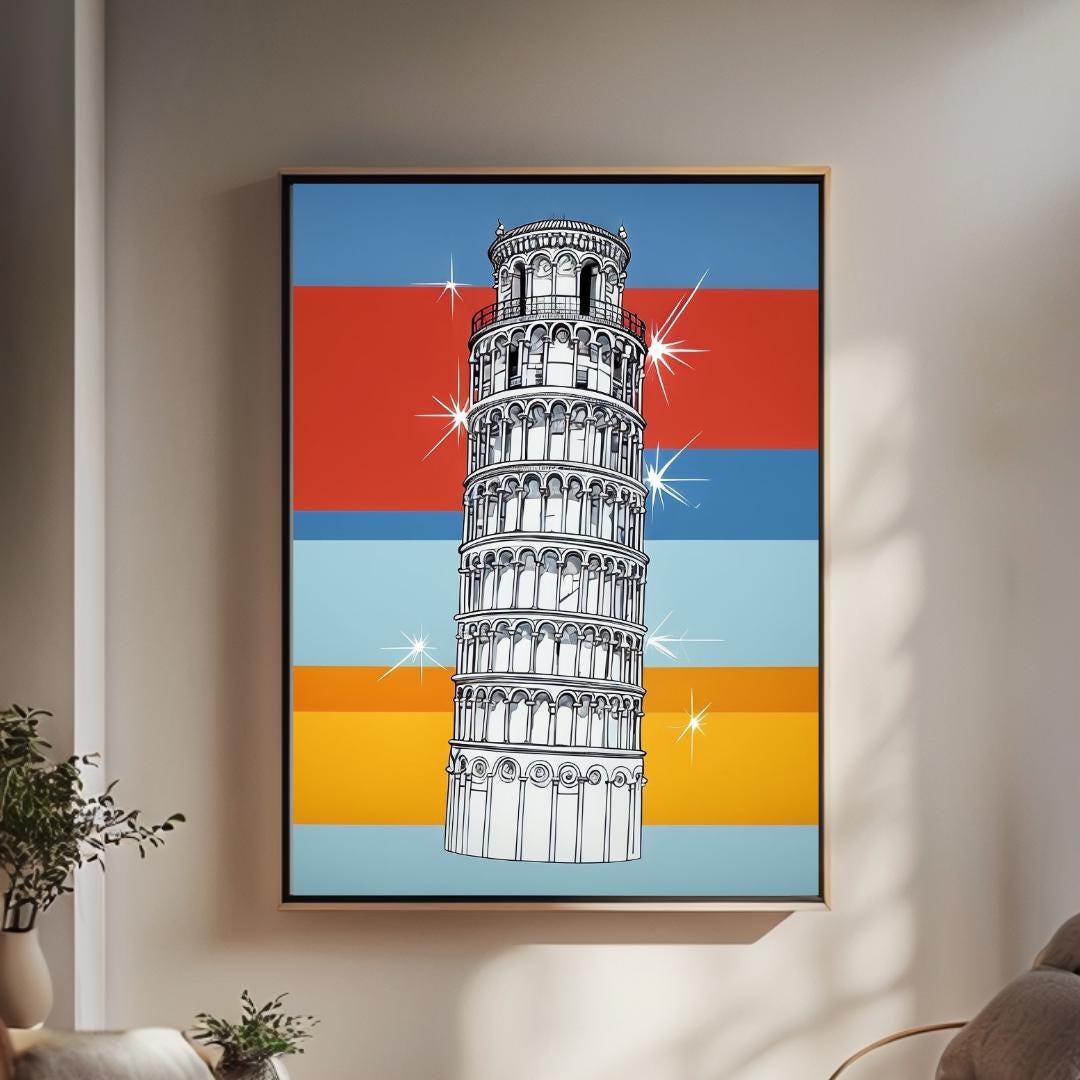 Poster of the Leaning Tower of Pisa with colorful retro background, displayed in a minimalist room setting to evoke Italian travel and architectural charm.