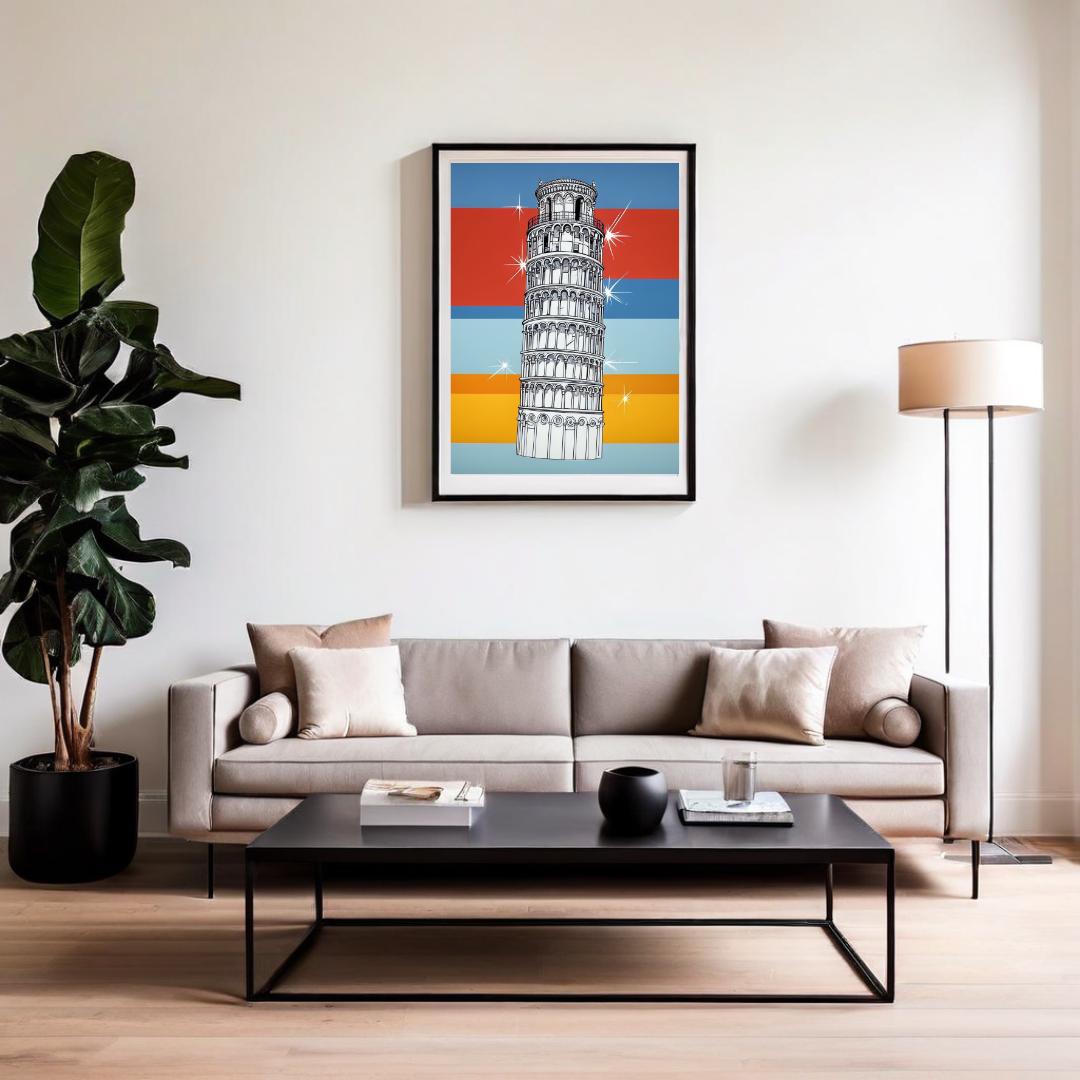 Poster of the Leaning Tower of Pisa with colorful retro background, displayed in a minimalist room setting to evoke Italian travel and architectural charm.